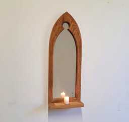 Unusual Gothic Arch Trefoil Keyhole Solid Wooden English Oak Mirror & Shelf 43 cm Long Hand Made - thumbnail 1