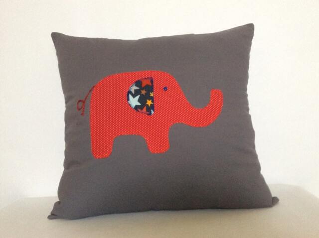 Appliqued Elephant Pillow Cover Red Cotton Nursery Cushion - 16x16 - image 1