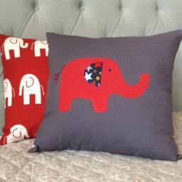 Appliqued Elephant Pillow Cover Red Cotton Nursery Cushion - 16x16 - thumbnail 3