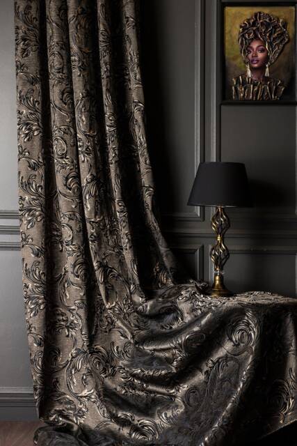 Leaf Curtains Panel Gray Black Gold Striped Rod Pocket, Custom Size - image 1