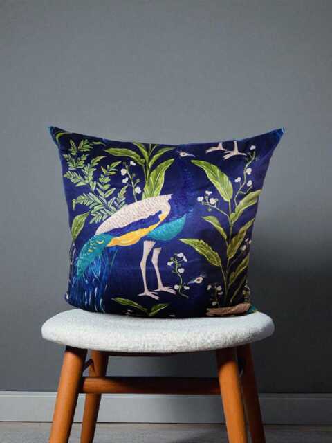 Peacock Velvet Cushion Cover Navy Blue & Turquoise Bird Print - image 1