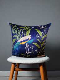 Peacock Velvet Cushion Cover Navy Blue & Turquoise Bird Print