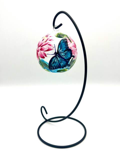 Hand Painted Tealight Holder/Pink Water Lillies Butterfly Over Lilly Pads July Birth Flower/ Hanging Glass Sphere With Ornament Stand - image 1