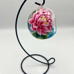 Hand Painted Tealight Holder/Pink Water Lillies Butterfly Over Lilly Pads July Birth Flower/ Hanging Glass Sphere With Ornament Stand - thumbnail 2