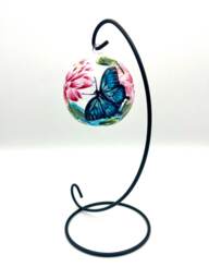 Hand Painted Tealight Holder/Pink Water Lillies Butterfly Over Lilly Pads July Birth Flower/ Hanging Glass Sphere With Ornament Stand