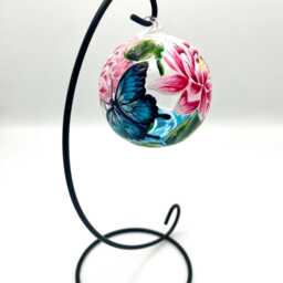 Hand Painted Tealight Holder/Pink Water Lillies Butterfly Over Lilly Pads July Birth Flower/ Hanging Glass Sphere With Ornament Stand - thumbnail 4