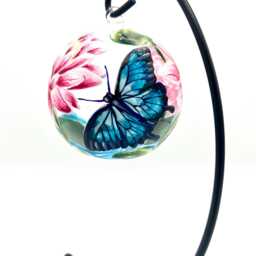 Hand Painted Tealight Holder/Pink Water Lillies Butterfly Over Lilly Pads July Birth Flower/ Hanging Glass Sphere With Ornament Stand - thumbnail 3