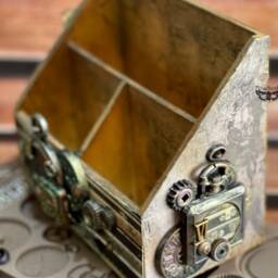 Industrial Wooden Desk Organizer Steampunk Office Decor - thumbnail 3