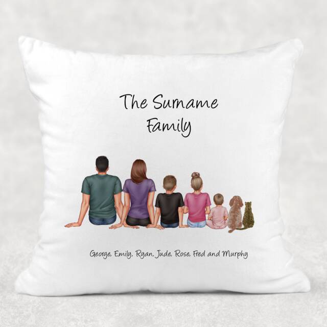 Personalised Family Cushion Cover With Adults, Children Plus Dog & Cats Pillow Case - image 1