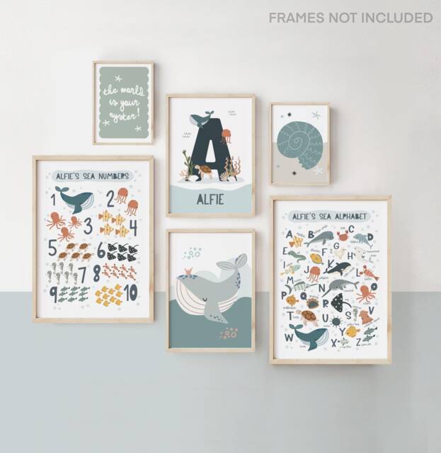 Set Of 6 Personalised Gallery Wall Print in Blue, Boy Bedroom Decor, Alphabet & Numbers, Ocean Nursery Print, Sea Decor - image 1