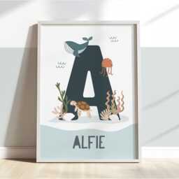 Set Of 6 Personalised Gallery Wall Print in Blue, Boy Bedroom Decor, Alphabet & Numbers, Ocean Nursery Print, Sea Decor - thumbnail 2
