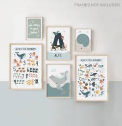 Set Of 6 Personalised Gallery Wall Print in Blue, Boy Bedroom Decor, Alphabet & Numbers, Ocean Nursery Print, Sea Decor - thumbnail 1