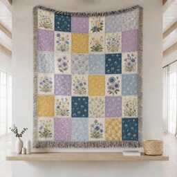 Vintage Pastel Patchwork Woven Blanket, Cottagecore Garden Shabby Chic Botanical Floral Quilt Aesthetic Wildflower Blanket