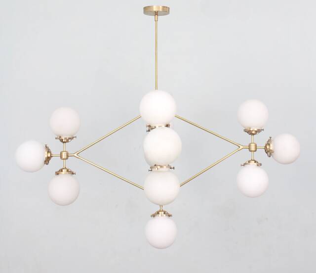 Handmade Modernist Brass Chandelier, Glass Globe Pendant Light - image 1