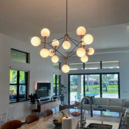 Handmade Modernist Brass Chandelier, Glass Globe Pendant Light - thumbnail 2