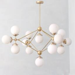 Handmade Modernist Brass Chandelier, Glass Globe Pendant Light - thumbnail 3