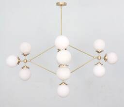 Handmade Modernist Brass Chandelier, Glass Globe Pendant Light