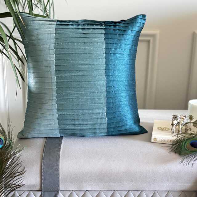 Teal Blue Art Silk Striped Pintuck, Modern Throw Pillow Cover - Shades Of - image 1