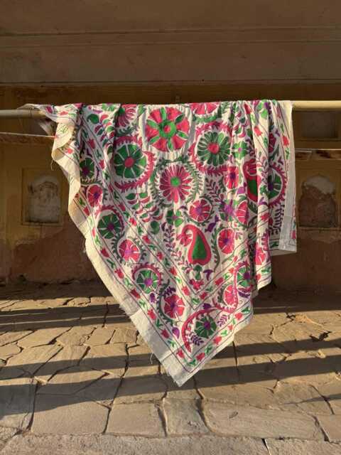 Vintage Suzani Cotton Throw Blanket - Handmade Artisan Bohemian Textile - image 1