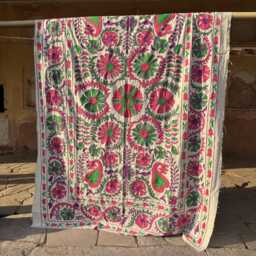 Vintage Suzani Cotton Throw Blanket - Handmade Artisan Bohemian Textile - thumbnail 4