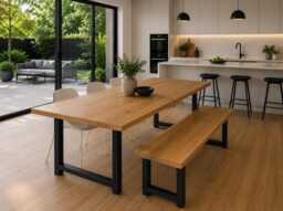 Fixed Length Solid Oak Industrial Steel H Frame Rustic Dining Table - thumbnail 1