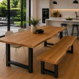 Fixed Length Solid Oak Industrial Steel H Frame Rustic Dining Table - thumbnail 2