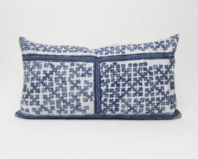 Hmong Indigo Batik Throw Pillow, Rustic Tribal Cushion - 24x13 - image 1