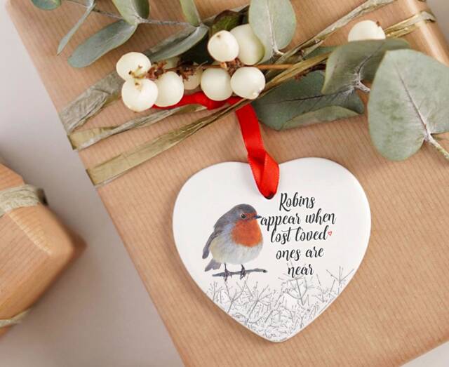 Robins Appear When Lost Loved Ones Are Near Ceramic Hanging Heart Christmas Ornament Memorial Sympathy Loss Grief Bereavement Gift - image 1