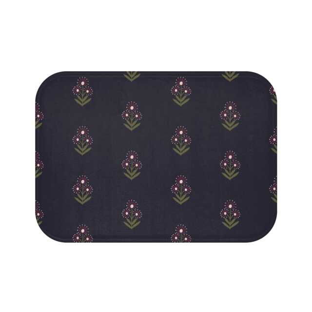 Plush Bath Mat, Boho Floral Block Print, Navy Sage Burgundy, Flower Rug, Bohemian Bathroom Decor, Chic Mat - image 1