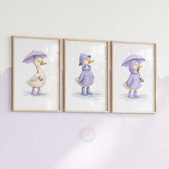 Purple Duck Nursery Prints - Set Of 3 Girls Duckling Wall Art, Girl Animal Decor - image 1