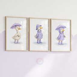Purple Duck Nursery Prints - Set Of 3 Girls Duckling Wall Art, Girl Animal Decor