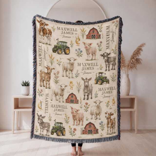 Personalized Farm Animal Baby Woven Blanket, Custom Name Nursery Throw, Shower Gift - image 1
