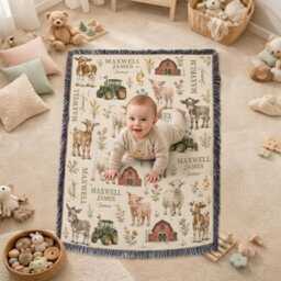 Personalized Farm Animal Baby Woven Blanket, Custom Name Nursery Throw, Shower Gift - thumbnail 2