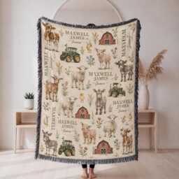 Personalized Farm Animal Baby Woven Blanket, Custom Name Nursery Throw, Shower Gift - thumbnail 1