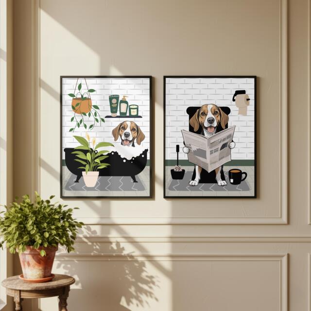 Beagle Bathroom Prints, Bath & Toilet Art, Set Of Two White Prints. Funny Pet Portrait Glossy - image 1
