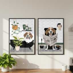 Beagle Bathroom Prints, Bath & Toilet Art, Set Of Two White Prints. Funny Pet Portrait Glossy - thumbnail 3