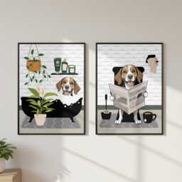 Beagle Bathroom Prints, Bath & Toilet Art, Set Of Two White Prints. Funny Pet Portrait Glossy - thumbnail 2