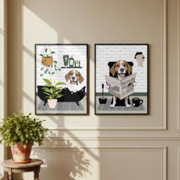 Beagle Bathroom Prints, Bath & Toilet Art, Set Of Two White Prints. Funny Pet Portrait Glossy - thumbnail 1