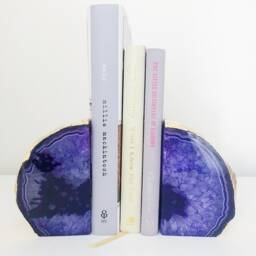 Agate Bookends in Purple With Gold Leaf Edge. Geode Bookends. Desk Accessories. Mindfulness Gift. Boho Homeware - thumbnail 2