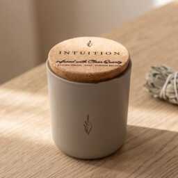 Clear Quartz Soy Candle, Wooden Wick Intuition Aromatherapy, Hand Poured Sage Violet Amber - thumbnail 2