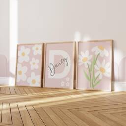 Personalised Set Of 3 Girls Pink Floral Daisy Themed Wall Art Prints For Bedroom, Nursery Or Playroom - thumbnail 1