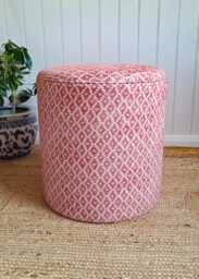 Bedroom Stool - Drum Pouffe Upholstered in Linwood Ashfield Fabric Geometric Linen Extra Seating & Side Table
