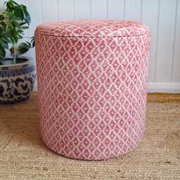 Bedroom Stool - Drum Pouffe Upholstered in Linwood Ashfield Fabric Geometric Linen Extra Seating & Side Table