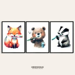 Dentist Animal Print Set - 3 Posters - Dental Office Decor Kids Clinic Wall Art Orthodontic Artwork Bathroom Prints Hygiene Gift - thumbnail 1