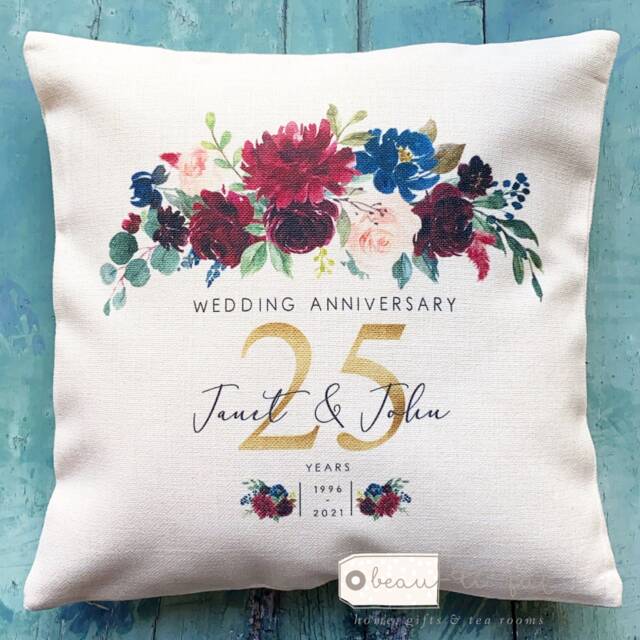Personalised Mr Mrs Wedding Anniversary 25 50 1St .. Burgundy Navy Floral Geometric Greenery Design Linen Style Cushion Decor Cover