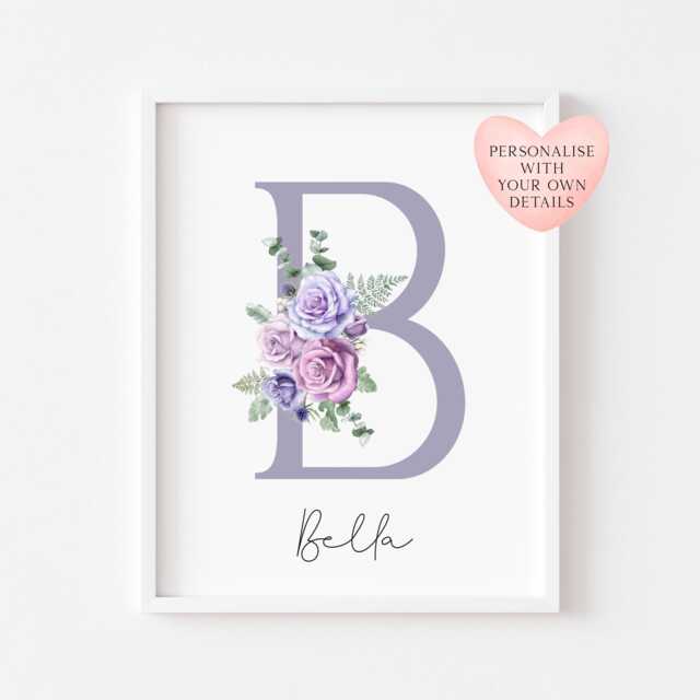 Personalised Floral Initial Print Purple Roses Nursery Decor Unframed Wall Art Poster - image 1