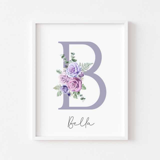 Personalised Floral Initial Print Purple Roses Nursery Decor Unframed Wall Art Poster - image 1