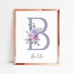 Personalised Floral Initial Print Purple Roses Nursery Decor Unframed Wall Art Poster - thumbnail 2