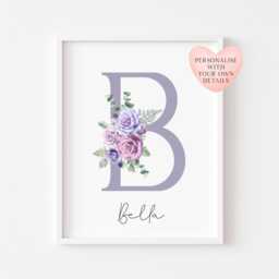 Personalised Floral Initial Print Purple Roses Nursery Decor Unframed Wall Art Poster