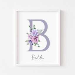 Personalised Floral Initial Print Purple Roses Nursery Decor Unframed Wall Art Poster - thumbnail 2
